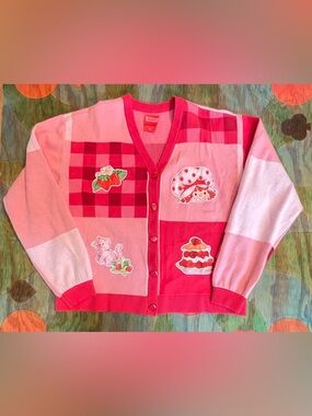 Strawberry Shortcake Cardigan Sweater Pink Gingham Check Patchwork Womens